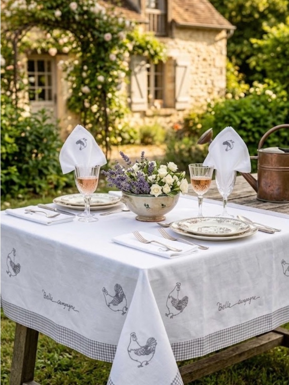 Belle champagne Rooster tablecloth & matching Napkins set - French country farmh